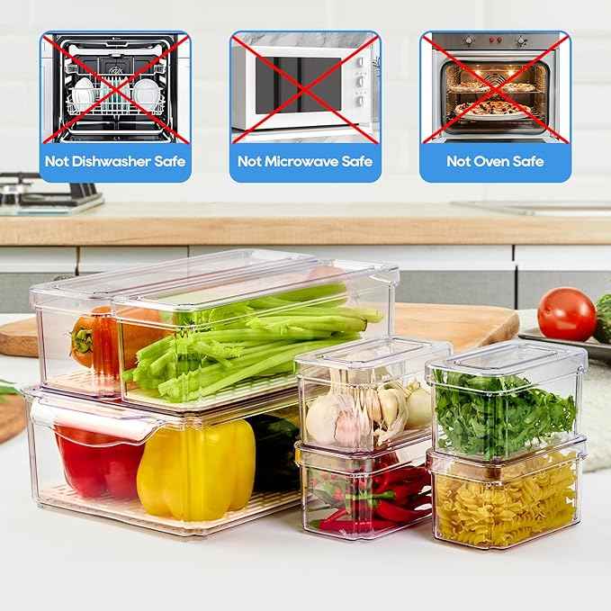 JollyPack 14 Pack Fridge Organizers, Refrigerator Organizer Bins with Lids, BPA Free Stackable Fruit Storage Containers for Fridge, Vegetables, Food and Drinks
