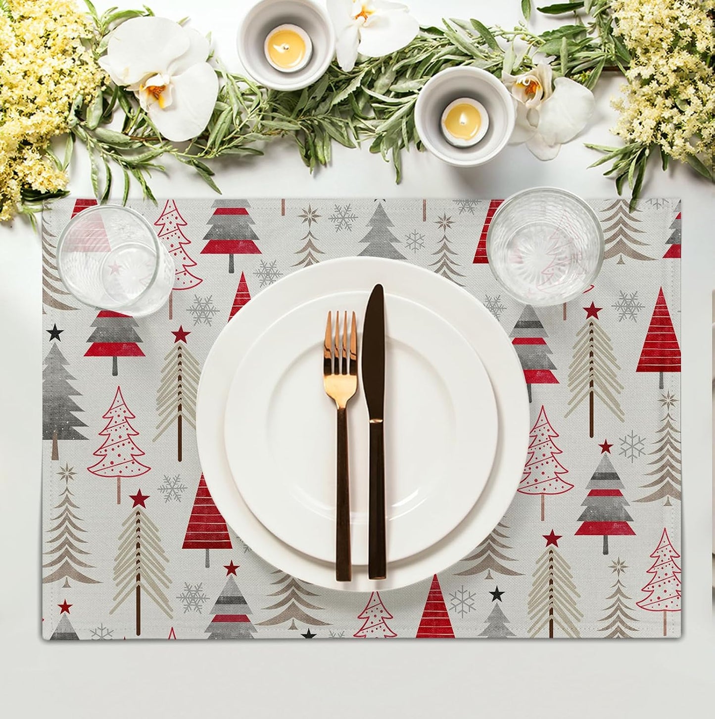 Christmas Tree Placemats Set of 4 Geometric Colorful Xmas Place Mats 12x18 Inch Seasonal Winter Holiday Farmhouse Washable Linen Table Mat for Party Kitchen Dining Decoration