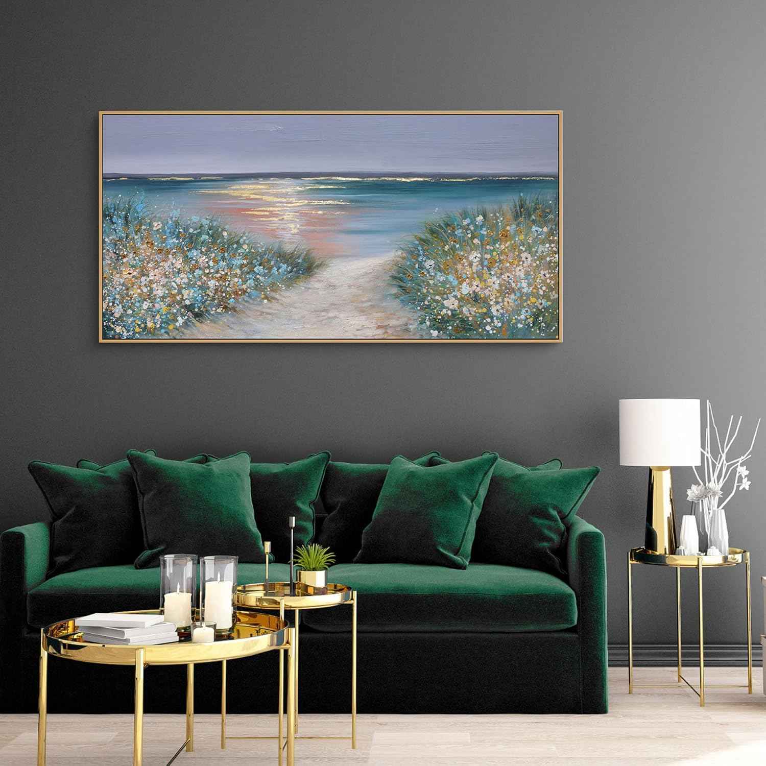 yiijeah Beach Wall Art Large Landscape Canvas Coastal Gold Picture Horizontal Artwork for Walls Ocean Prints Big Paintings Living Room Bedroom Office Home Decor 48x24 Inches
