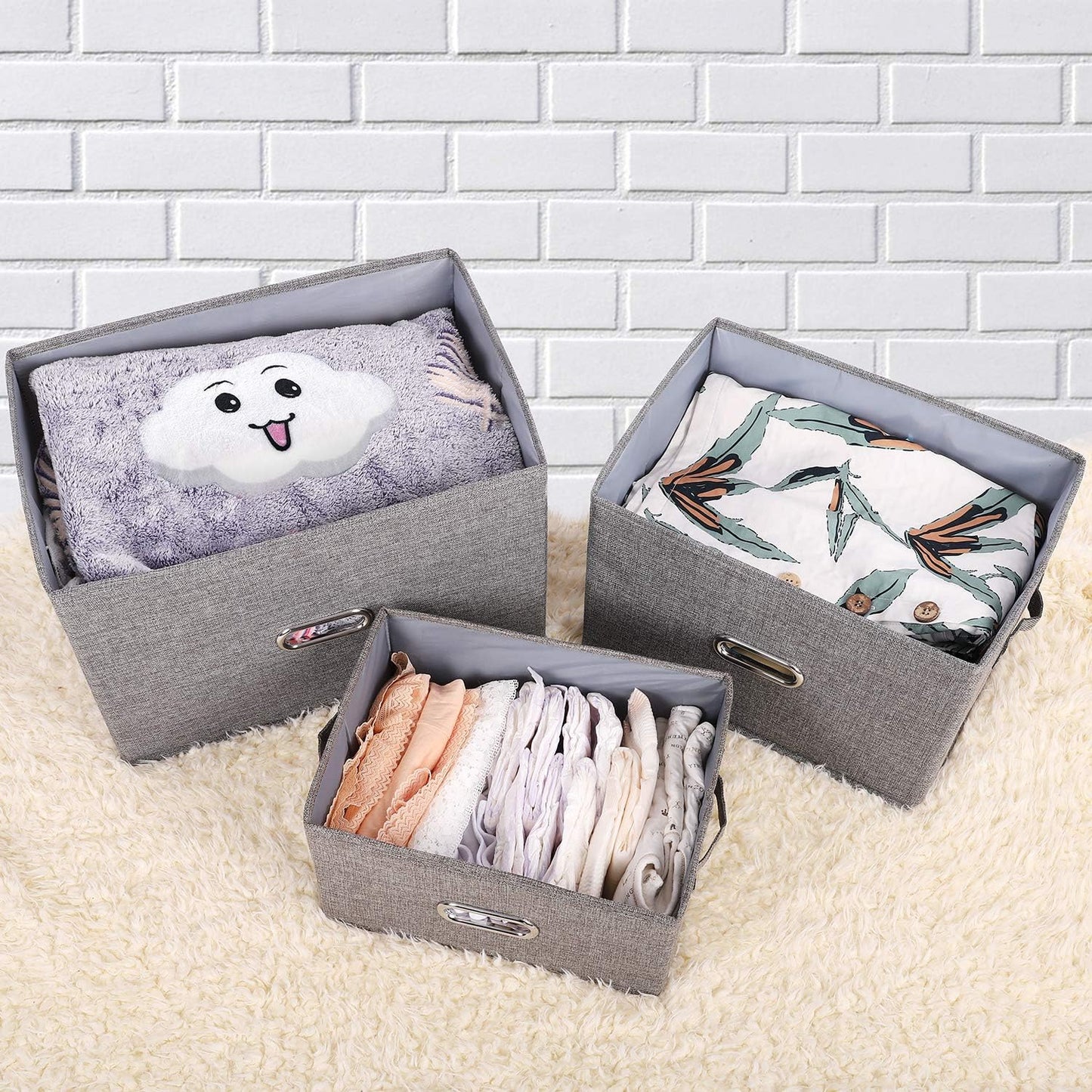 Large Linen Fabric Foldable Storage Bins with Removable Lid and Handles, Washable Storage Box Organizer Containers Baskets Cube with Cover for Bedroom,Closet,Office (Coffee, Medium(2-Pack))
