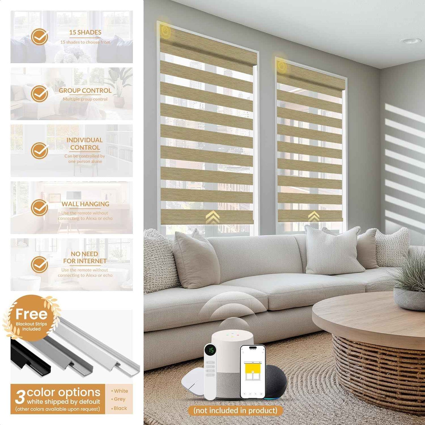 Boolegon Motorized Zebra Blinds with Remote, 95% Blackout Zebra Roller Window Shades, Wireless Electric Zebra Blinds, Built in Rechargeable Motor Window Blinds. for Home, Light Brown, Custom Sizes