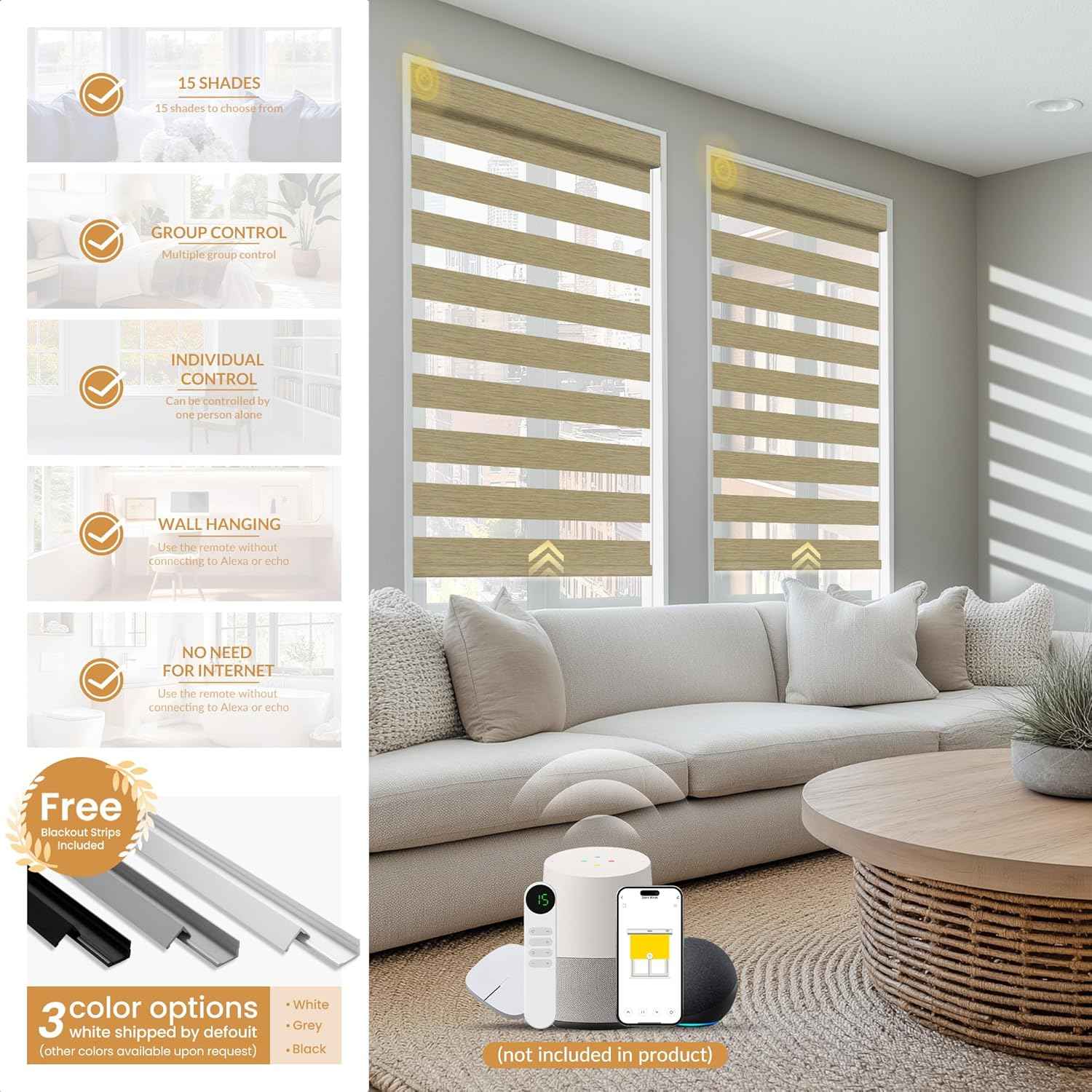 Boolegon Motorized Zebra Blinds with Remote, 95% Blackout Zebra Roller Window Shades, Wireless Electric Zebra Blinds, Built in Rechargeable Motor Window Blinds. for Home, Light Brown, Custom Sizes