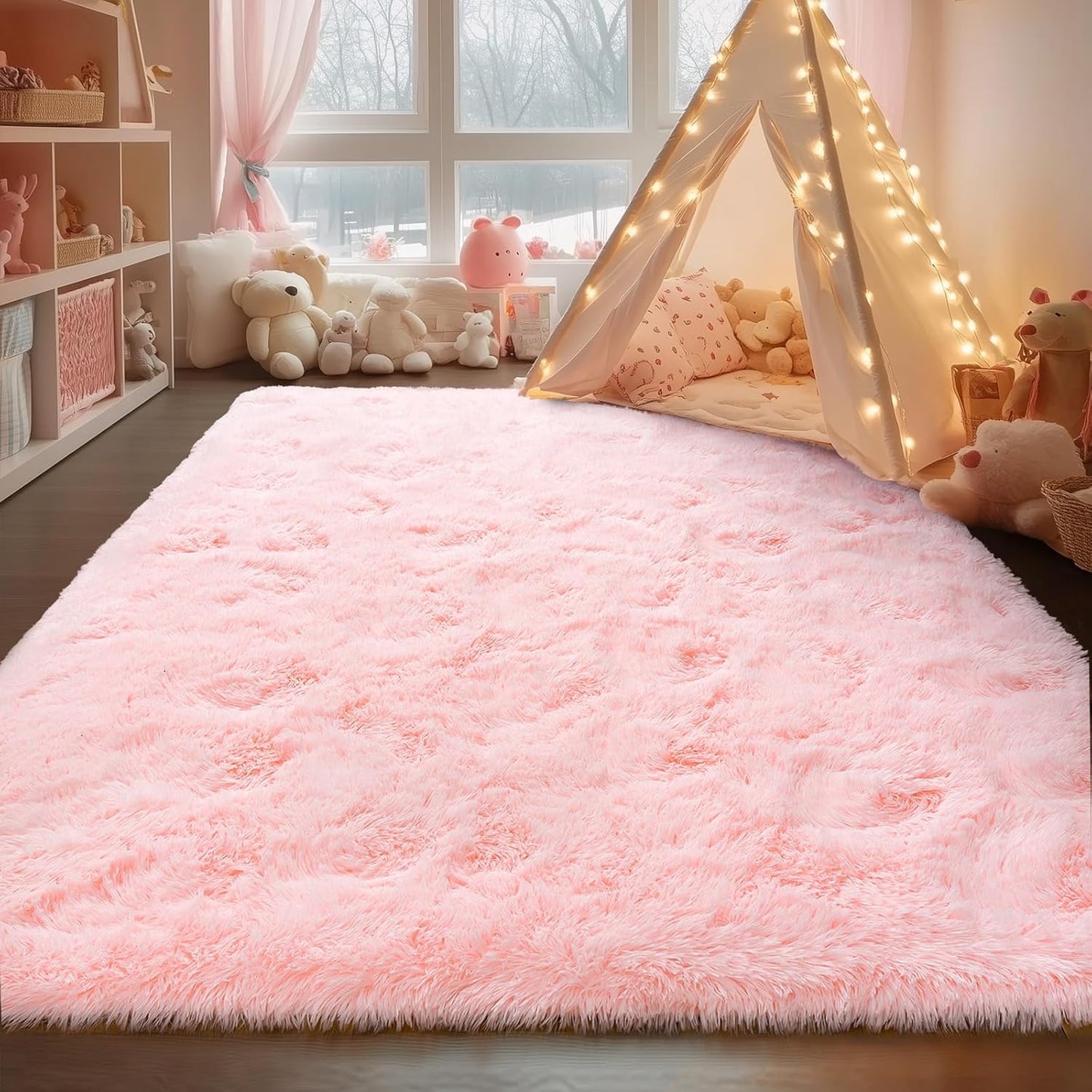 Rezutan Soft Fluffy Rug for Living Room Bedroom, Large Comfy Modern Shaggy Fuzzy Kids Rug, Plush Indoor Nursery Classroom Home Decor Bedside with Non-Slip Bottom, Pink, 5X7 Feet