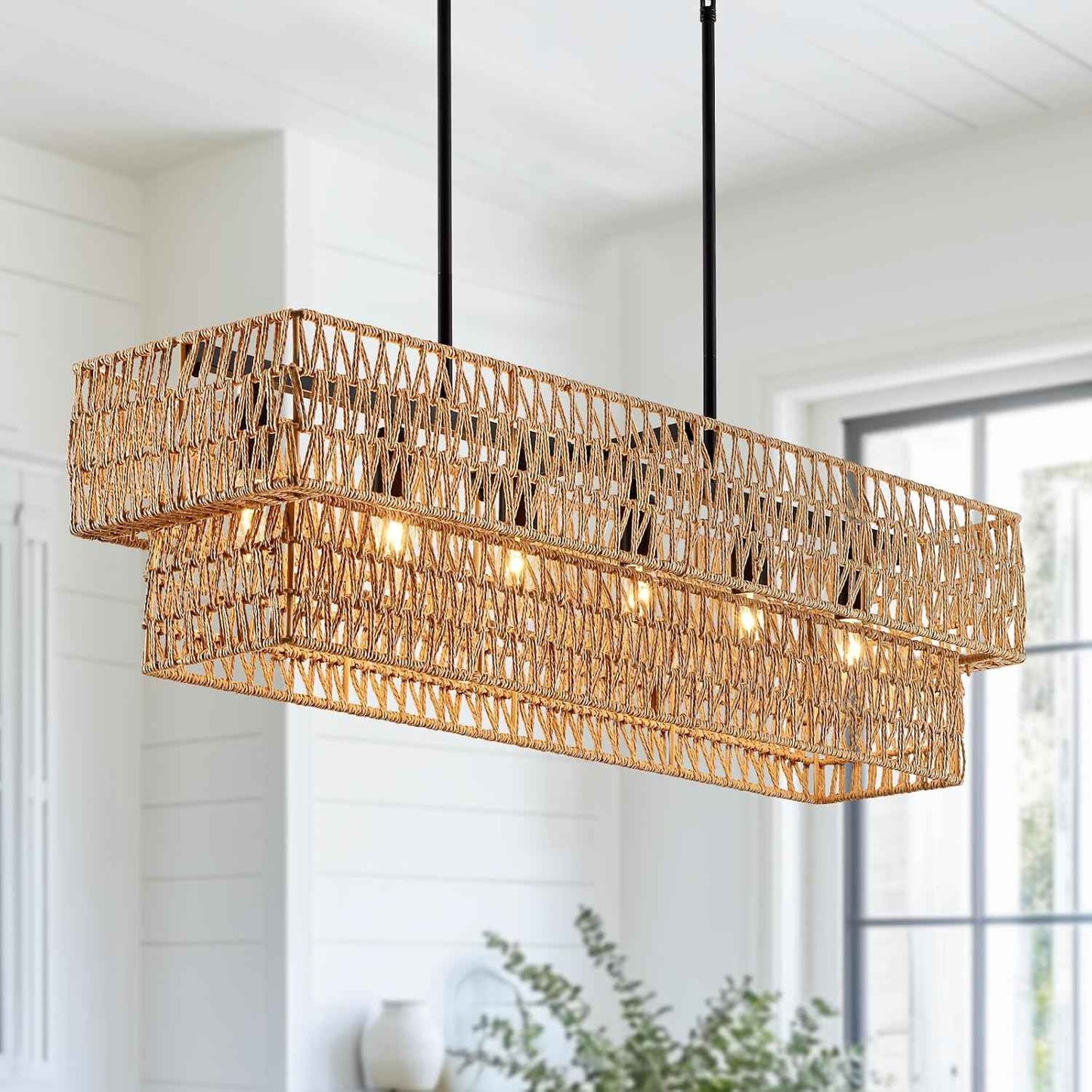 6-Light Boho Rattan Chandeliers for Dining Room, 2 Layer Large Linear Chandelier Rattan Pendant Light Fixture Farmhouse 34” Rectangle Chandelier for Kitchen Island Bar Living Room