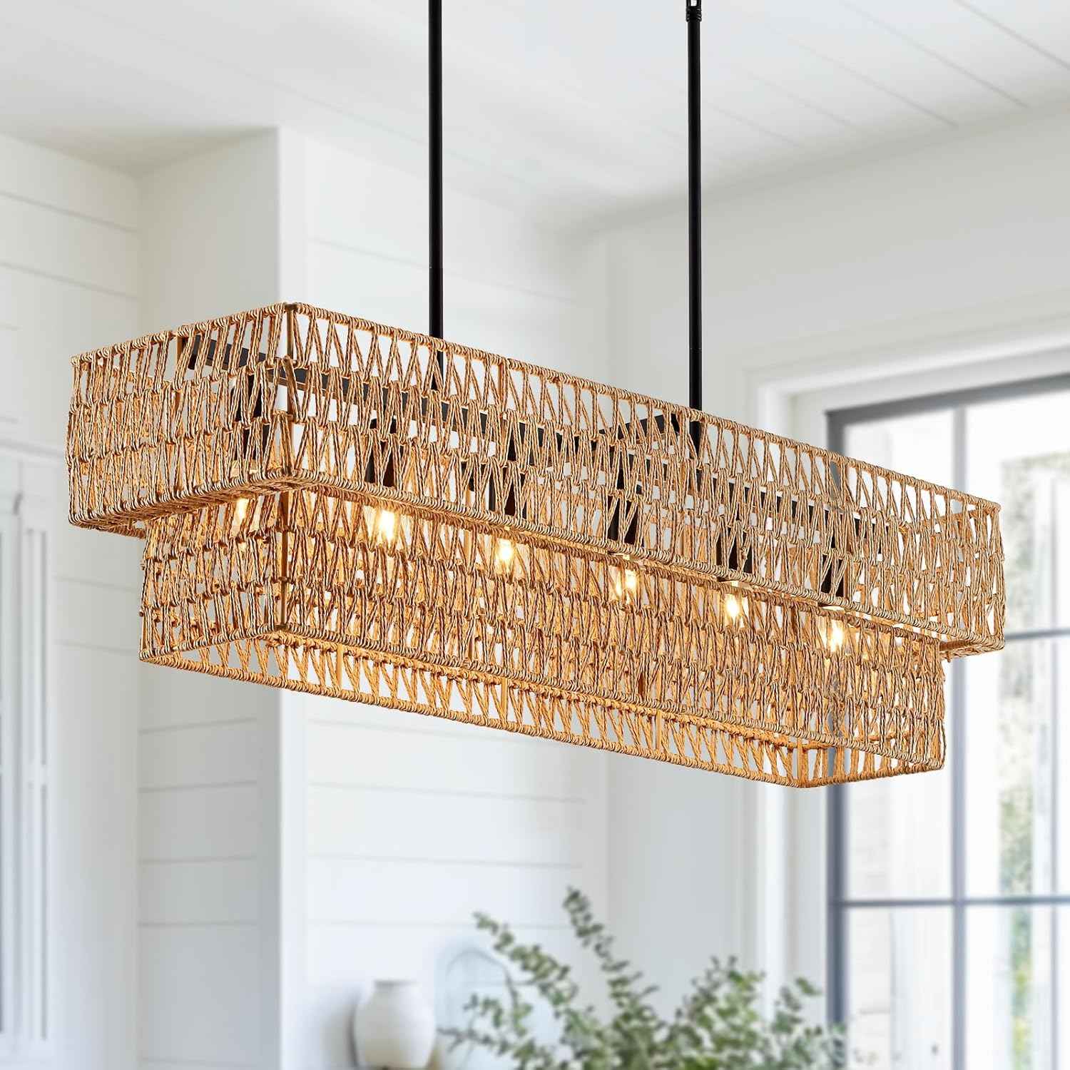 6-Light Boho Rattan Chandeliers for Dining Room, 2 Layer Large Linear Chandelier Rattan Pendant Light Fixture Farmhouse 34” Rectangle Chandelier for Kitchen Island Bar Living Room