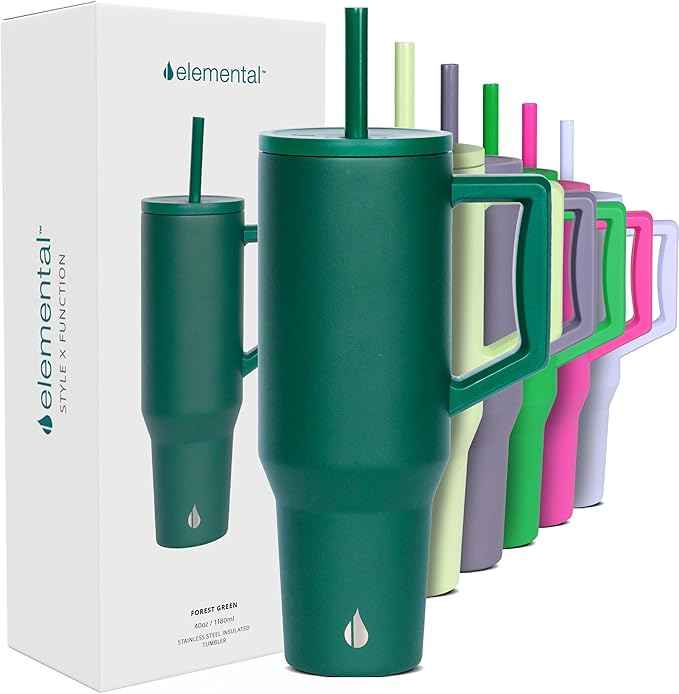 Elemental 40 oz Tumbler with Handle and Straw - Spill Proof Insulated Stainless Steel Commuter for Cold Beverages - Travel Coffee Mug with 2 Straws & Spill Proof Lid - 40oz - Forest Green