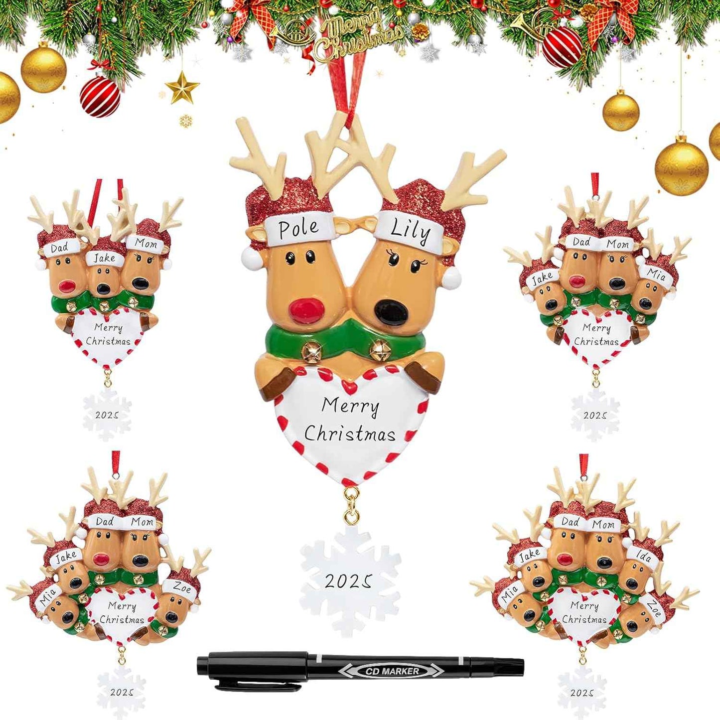 Personalized Deer Christmas Ornaments 2025 Family of 2,3,4,5,6, Custom Engraved Names & Year, Custom Polyresin Hanging Reindeer Ornament for Xmas Tree Decoration Holiday Family Decor Gifts