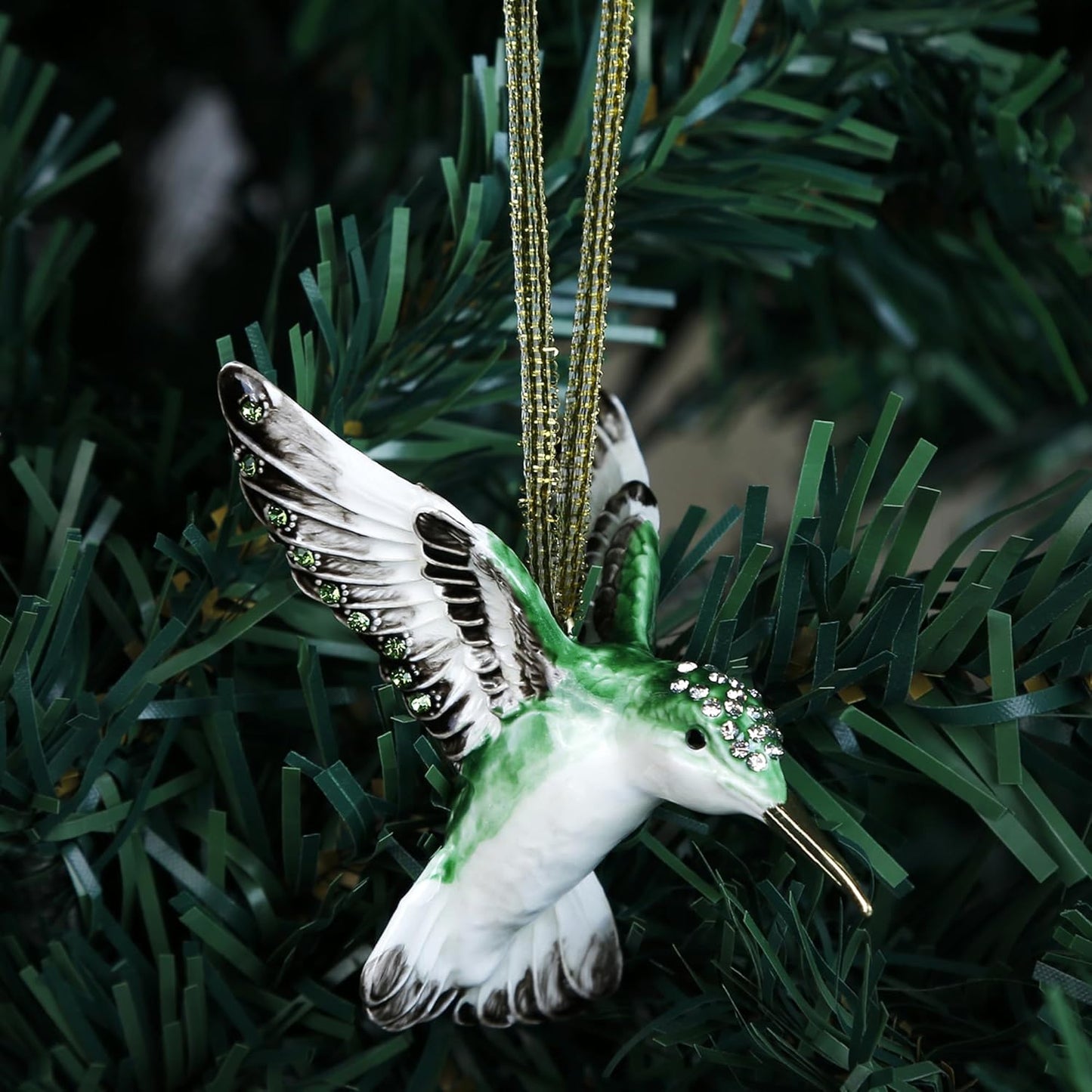 Hand Painted Enamel Hanging Hummingbird Ornament, Elegant Decorative Hanging Ornaments, Christmas Figurine Collectible Keepsake Home Decor, for Christmas Tree, Windows, Satin Ribbon (Hummingbird)