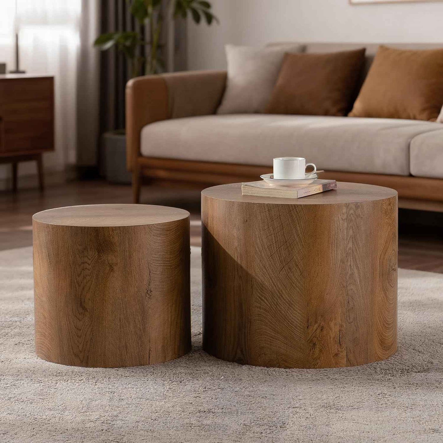 Nesting Round Coffee Table Set of 2, Accent End Table for Small Spaces, Morden Drum Side Table, Wooden Circle Center Table for Living Room, Fully Assembled - Light Walnut