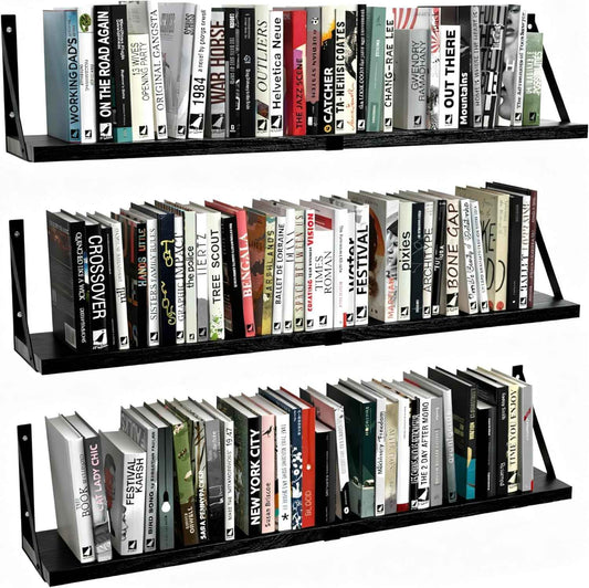 Floating Book Shelves Set of 3, Wall Bookshelf, 33 inch Long Wood Shelf for Wall Storage, Hanging Shelving for Bedroom, Bathroom, Living Room, Kitchen, Office and Plants (Black)