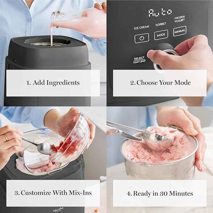 Martha Stewart 1 Quart Ice Cream Maker, Built-In Compressor, No Pre-Freezing Required, 3 Modes (Ice Cream, Sorbet, Frozen Yogurt), Automatic Mix-In Alert, Dishwasher-Safe Parts, Caviar Gray
