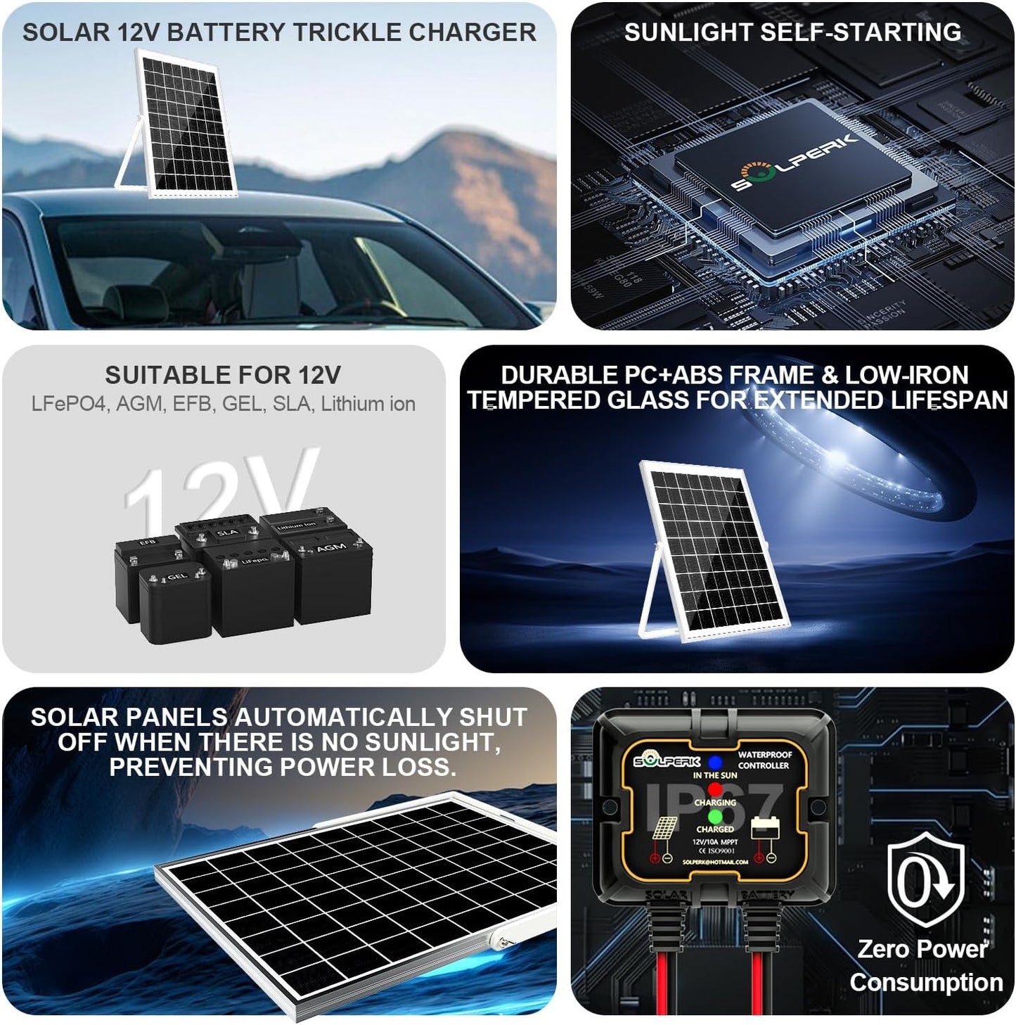 SOLPERK Solar Panel Kit 10W 12V, Waterproof Solar Battery Trickle Charger Maintainer + Smart MPPT Controller + Adjustable Mount Bracket for Boat Car RV Motorcycle Marine Automotive