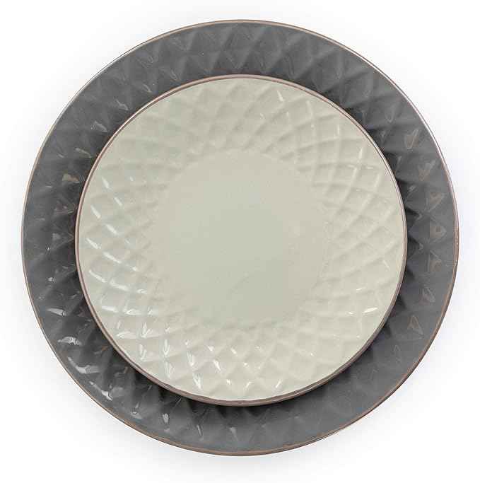Elama Round Stoneware Collection Dinnerware Dish Set, 16 Piece, Slate and Pearl
