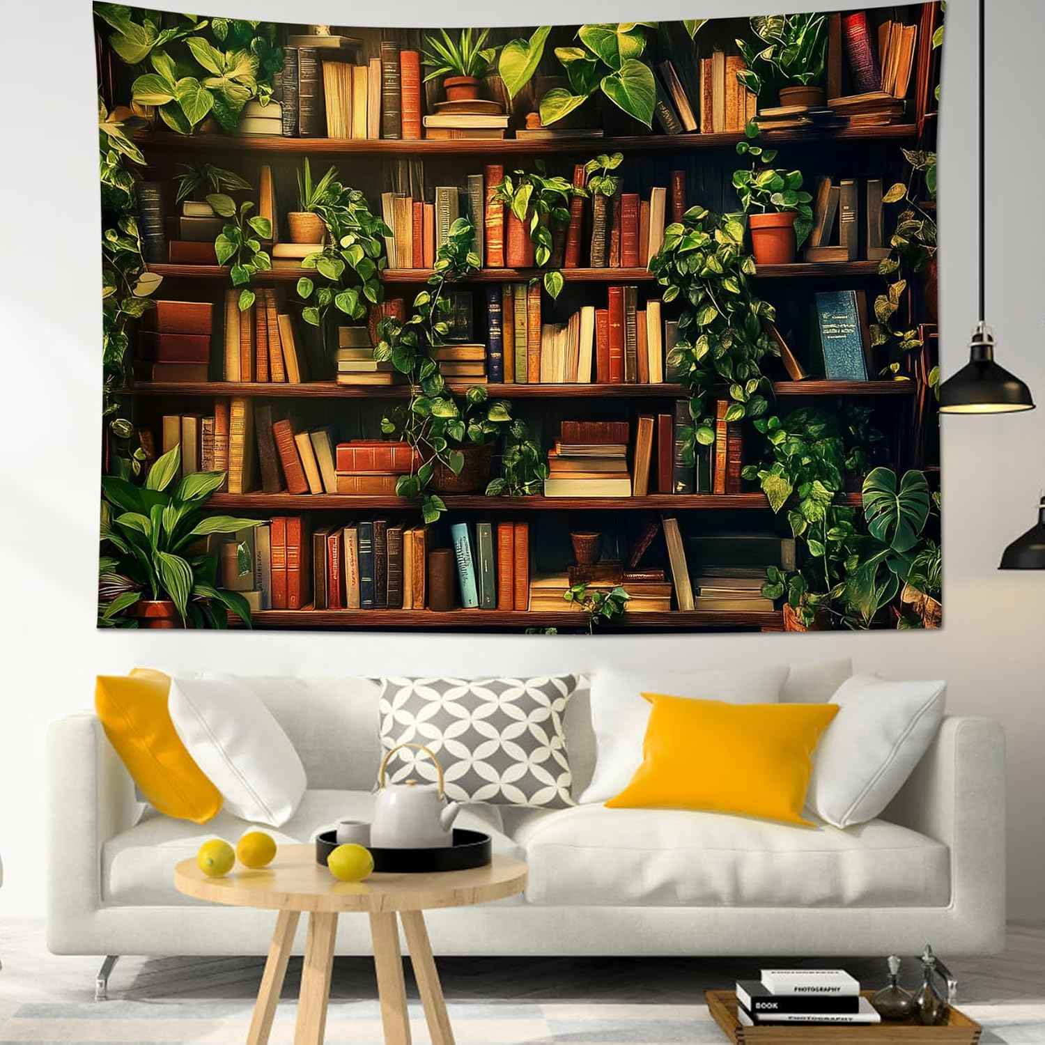 HVEST Botanical Bookshelf Tapestry Wall Hanging Book Shelf Green Plant Tapestry for Bedroom Vintage Retro Library Book Wall Art Tapestries for Living Room College Dorm Party, 40L X 60W inches