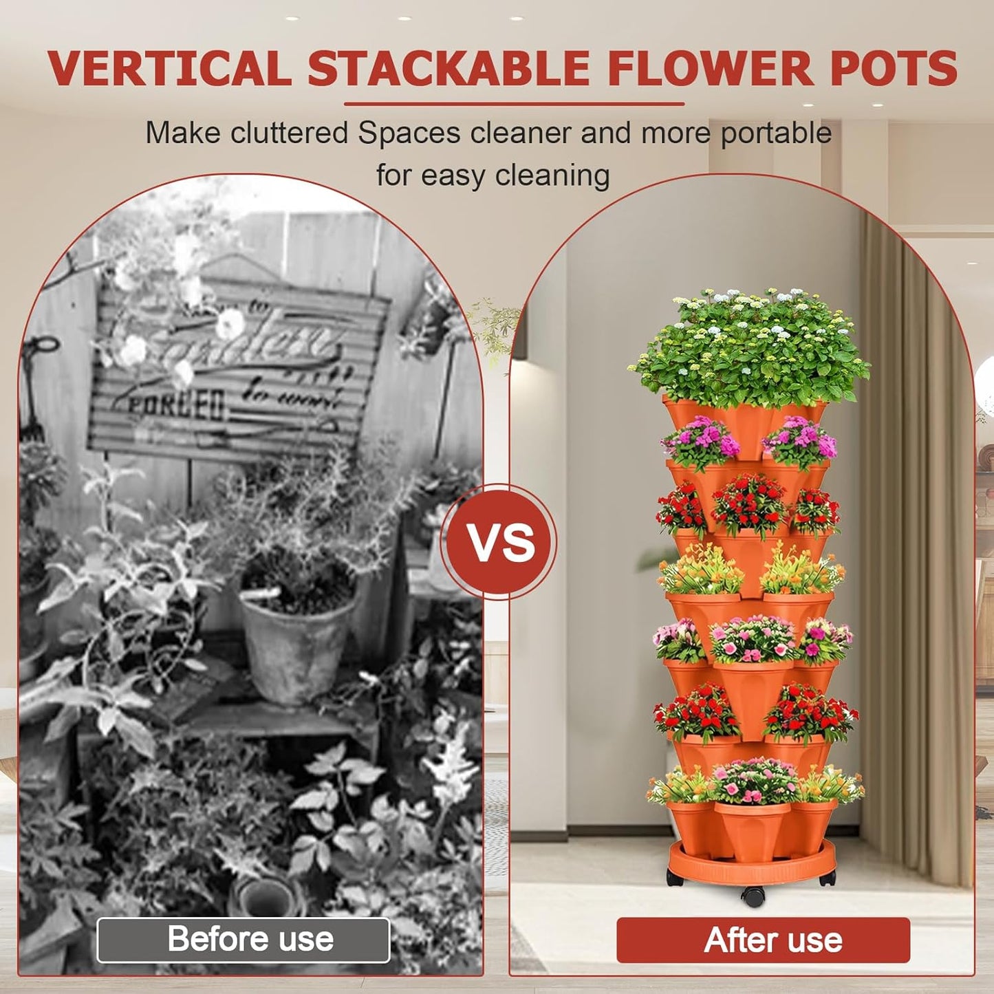 7 Tier Vertical Strawberry Planter-Tower Stackable Herb Planter Stacking Garden Planters Pot Outdoor with Tools Mover for Growing Flowers, Vegetables and Succulents, Red
