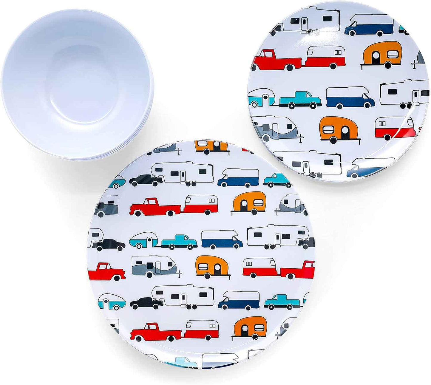 Camco Life is Better at The Campsite Dishware Set | Features a Virtually Unbreakable Melamine Construction, is Top Rack Dishwasher Safe, and has a Multicolored RV-Themed Design | 12-Piece (53297)