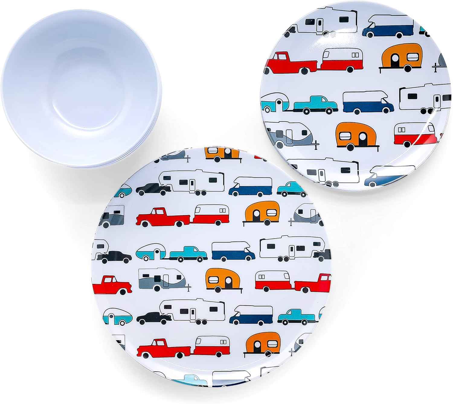 Camco Life is Better at The Campsite Dishware Set | Features a Virtually Unbreakable Melamine Construction, is Top Rack Dishwasher Safe, and has a Multicolored RV-Themed Design | 12-Piece (53297)