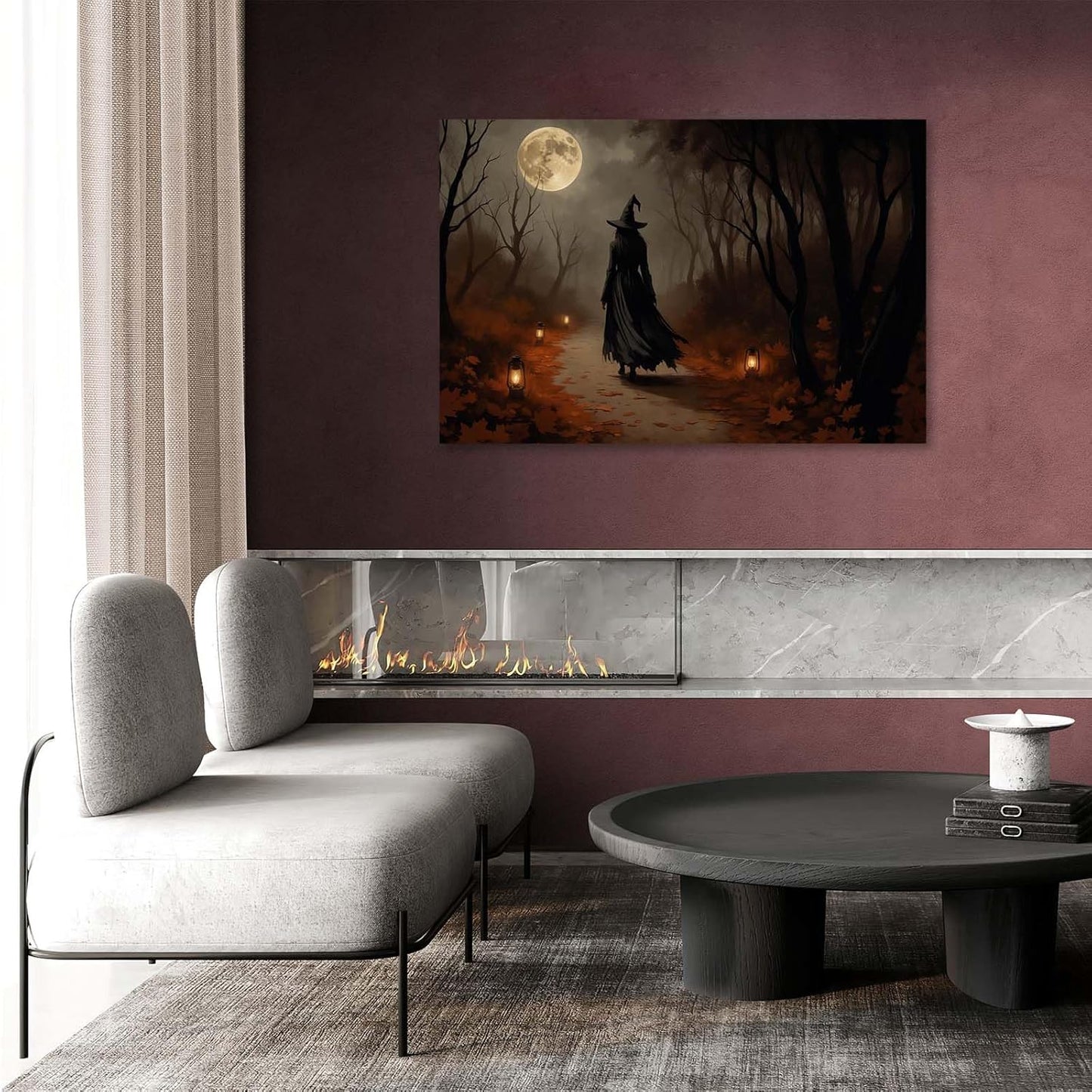 Moonlight witch poster dim lantern Halloween decoration Gothic style dark retro college style canvas wall art suitable for living room bedroom8x12in Wood Framed