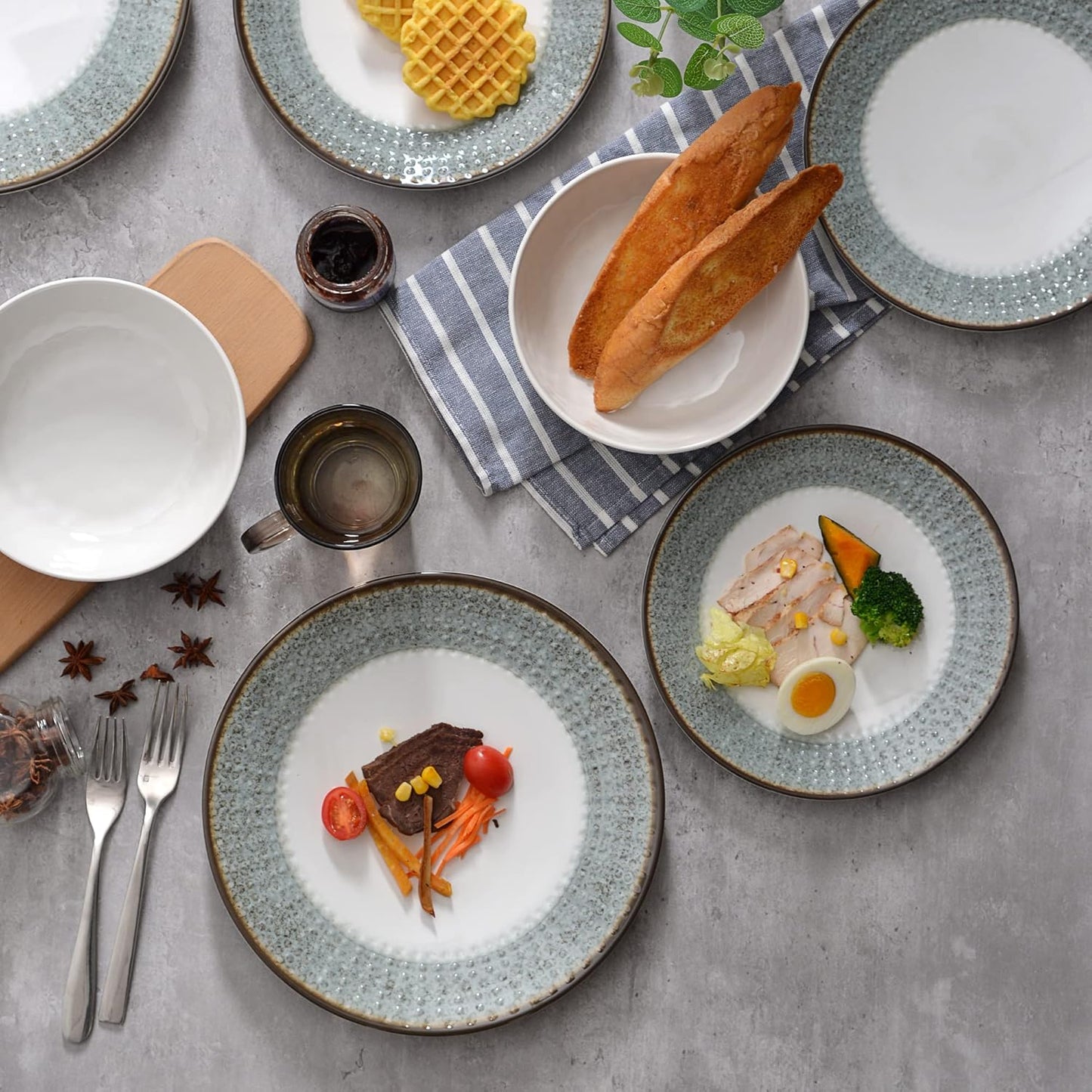 Melamine Dinnerware Sets,12pcs Plates and Bowls Sets, Melamine Dishes Set for 4, Unbreakable,Dishwasher Safe, BPA Free,Great for Indoor Use,Camping, BBQ,RV, Party,Rustic Style (Teal)