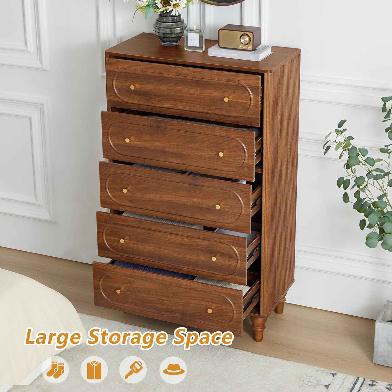 ORRD Fluted 5 Drawer Dresser for Bedroom, Mid Century Modern Chest of Drawers, Wood Storage Large Dresser Organizer for Bedroom Living Room Hallway Closet, Walnut