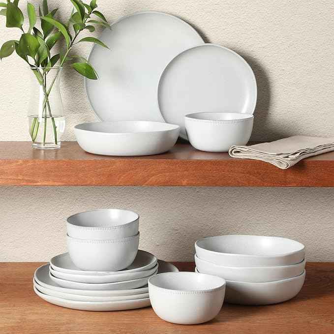 Gibson Elite Menlo Park 16-Piece Pottery Clay Stoneware Dinnerware Set – White Reactive Glaze, Embossed Plates and Bowls W/Pasta Bowl, Service for 4 – Microwave & Dishwasher Safe