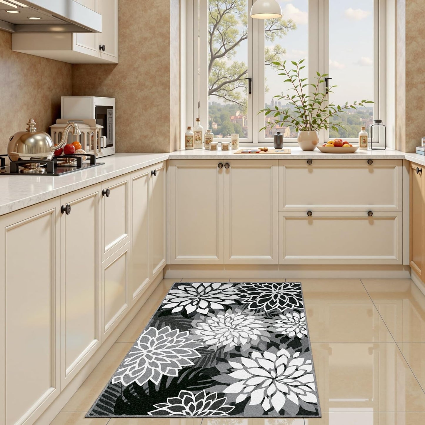 Area Rug 2x3 Black White Washable Entry Small Rug Multicolored Tropical Botanical Modern Floral Indoor Kitchen Door Mat Entrance Carpet Non Slip for Bedroom Living Room, Porch