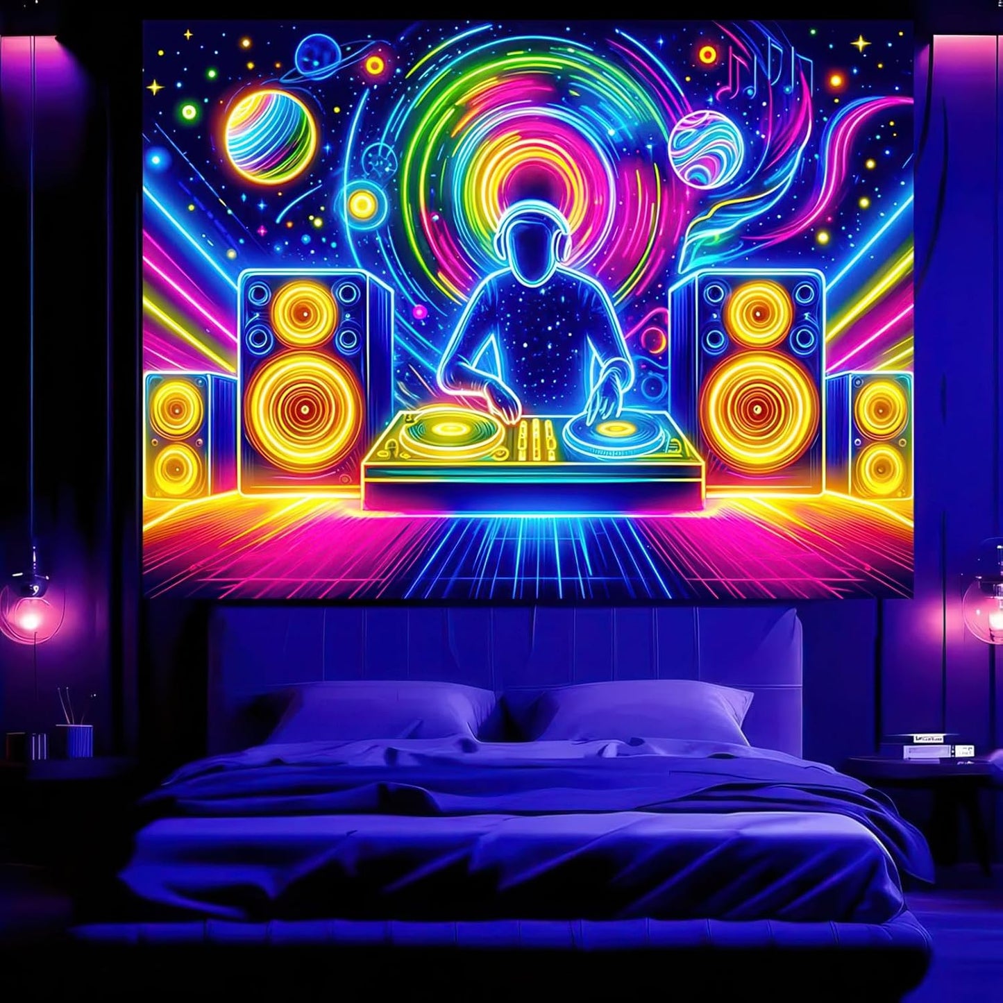 BlissYard Blacklight Tapestry Trippy UV Reactive Fantasy Wall Tapestry Psychedelic Neon Galaxy Space Black Light Tapestries Posters Wall Hanging for Backdrop Bedroom Dorm Living Room Decor 59X78 inch