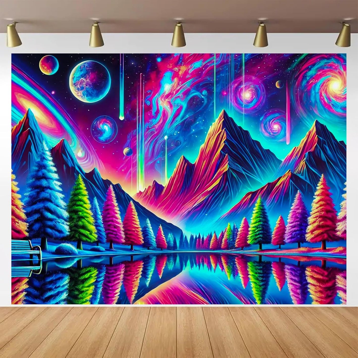 BlissYard Alien Galaxy Reflection UV Black Light Tapestry 78x59 Inches Art Color Neon Light Background Bedroom Living Room Wall Party Decoration Trippy Cosmic Trees Planet Lake Mountain View