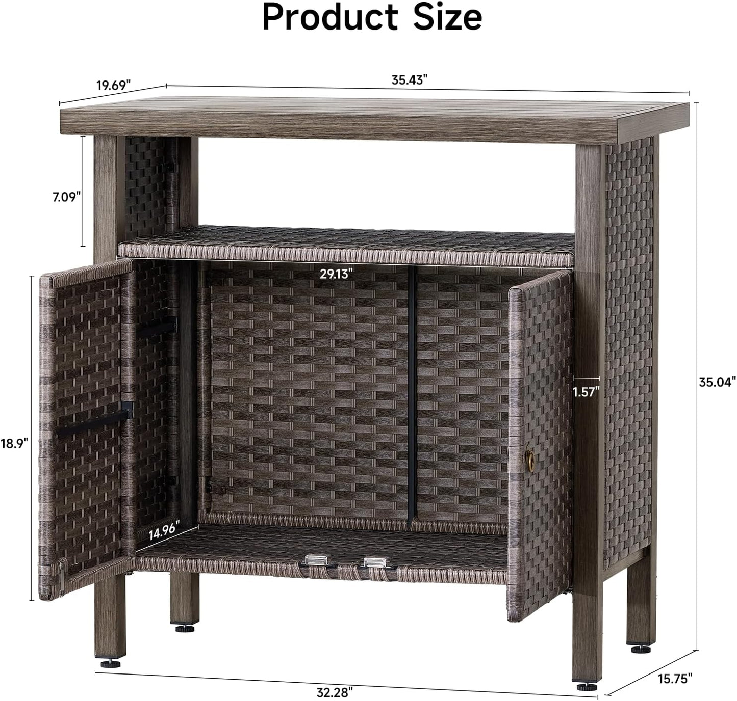 Outdoor Storage Cabinet, Woven Rattan Bar Table with 2 Doors, Slatted-Top, Wicker Console Table for Patio, Garden, Backyard, Kitchen - Brown