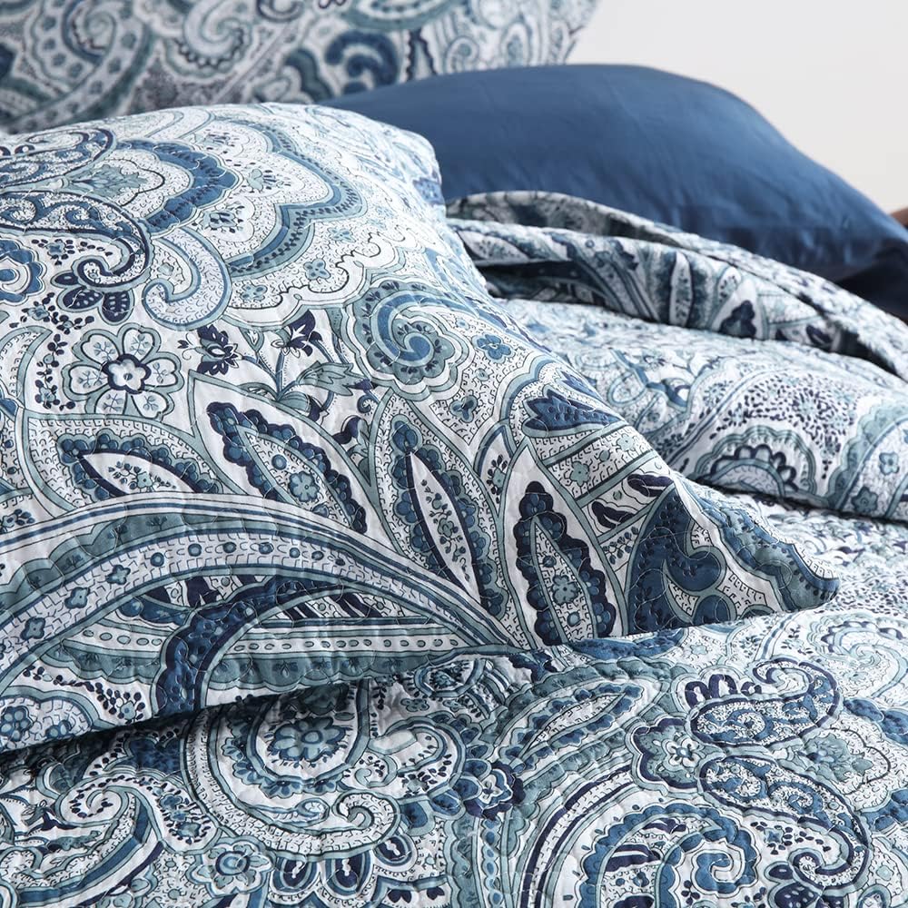 Autumn Dream Cotton Bedspread Quilt Sets, 3 Pieces Reversible Comforter Coverlet Sets,Blue Floral Paisley,Queen Size