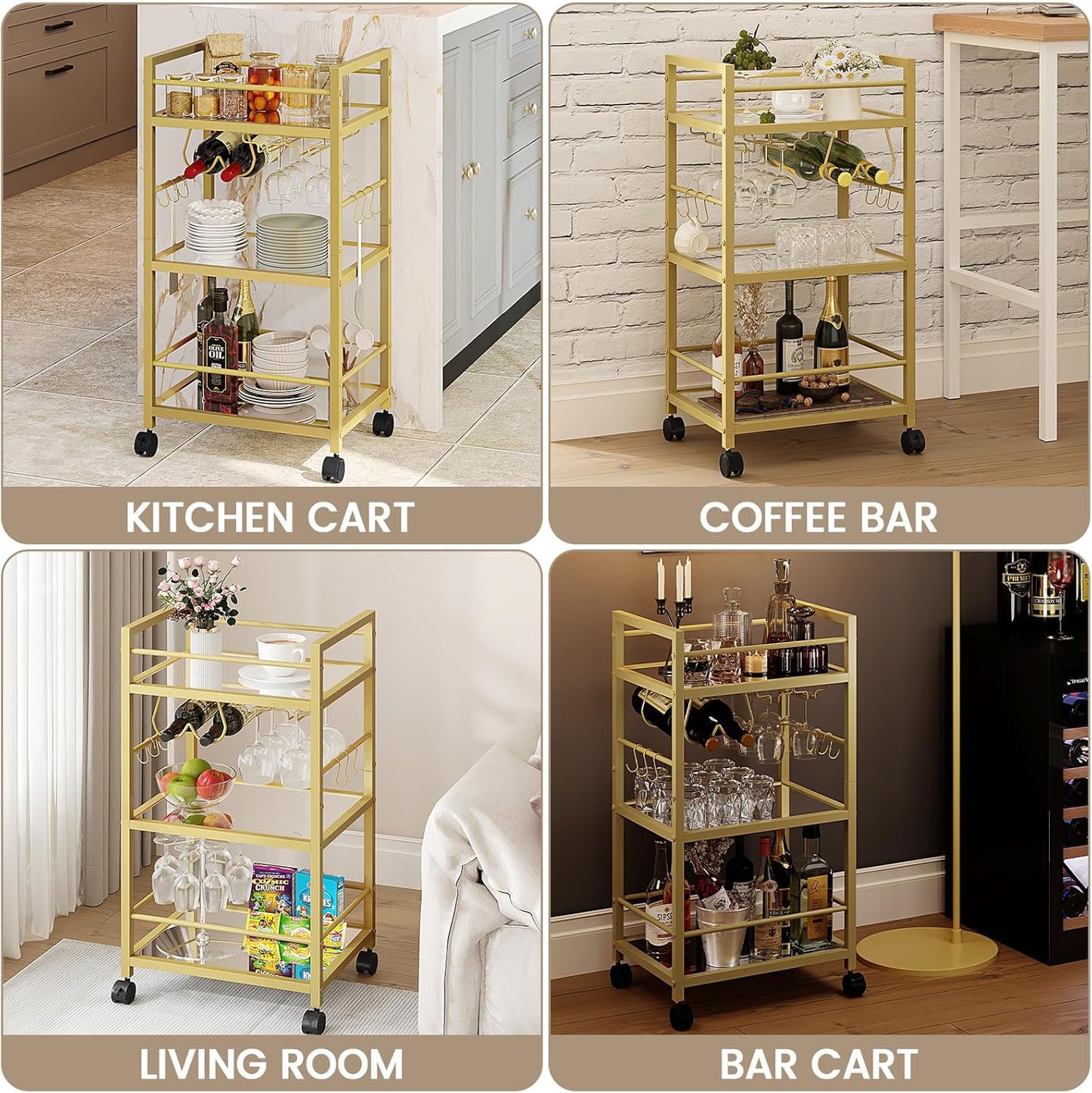 Bar Cart, Serving Cart for Home, Microwave Cart, Drink Cart, Mobile Kitchen Shelf with Wine Rack and Glass Holder, Rolling Beverage Cart for Dining Room, Gold