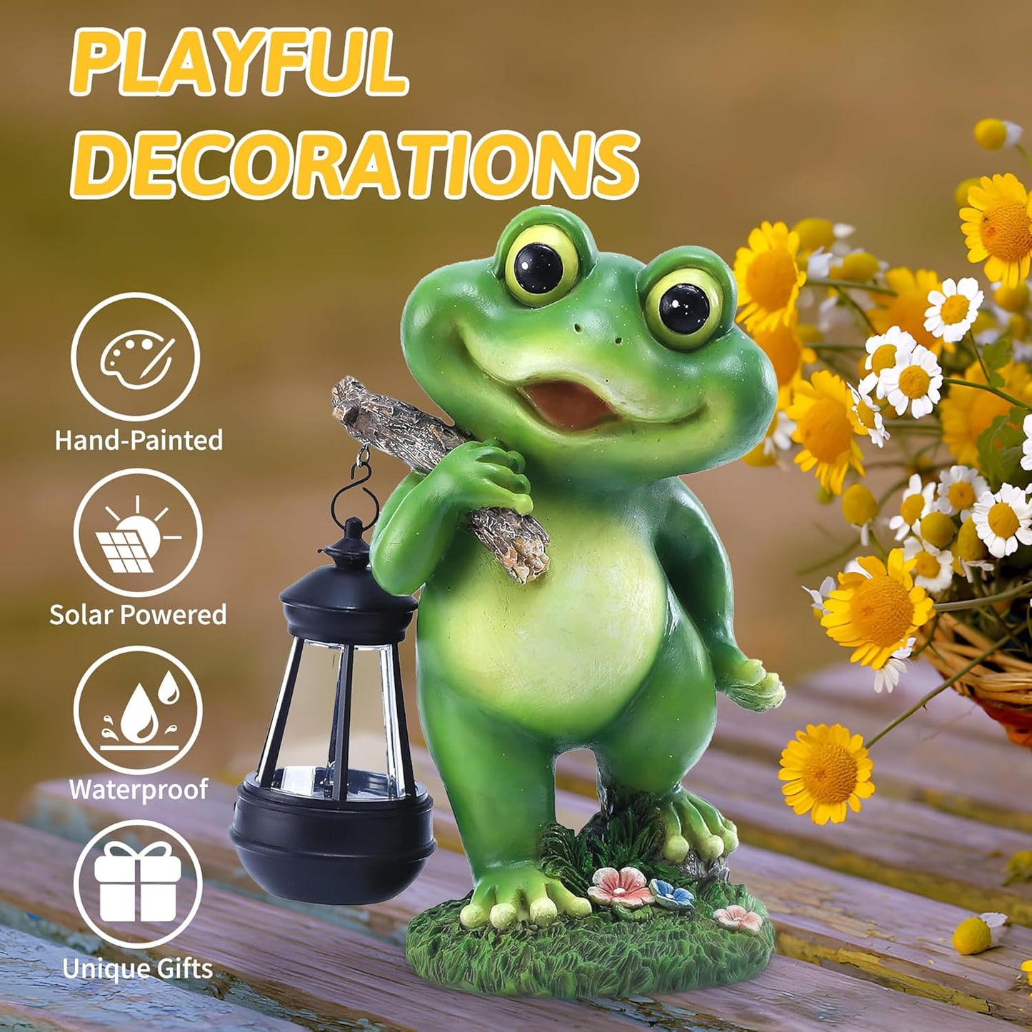 Outdoor Frog Garden Decor: 11'' Yard Decoration with Solar Lantern Funny Frog Statue Gifts for Women Mother's Day Housewarming Gift