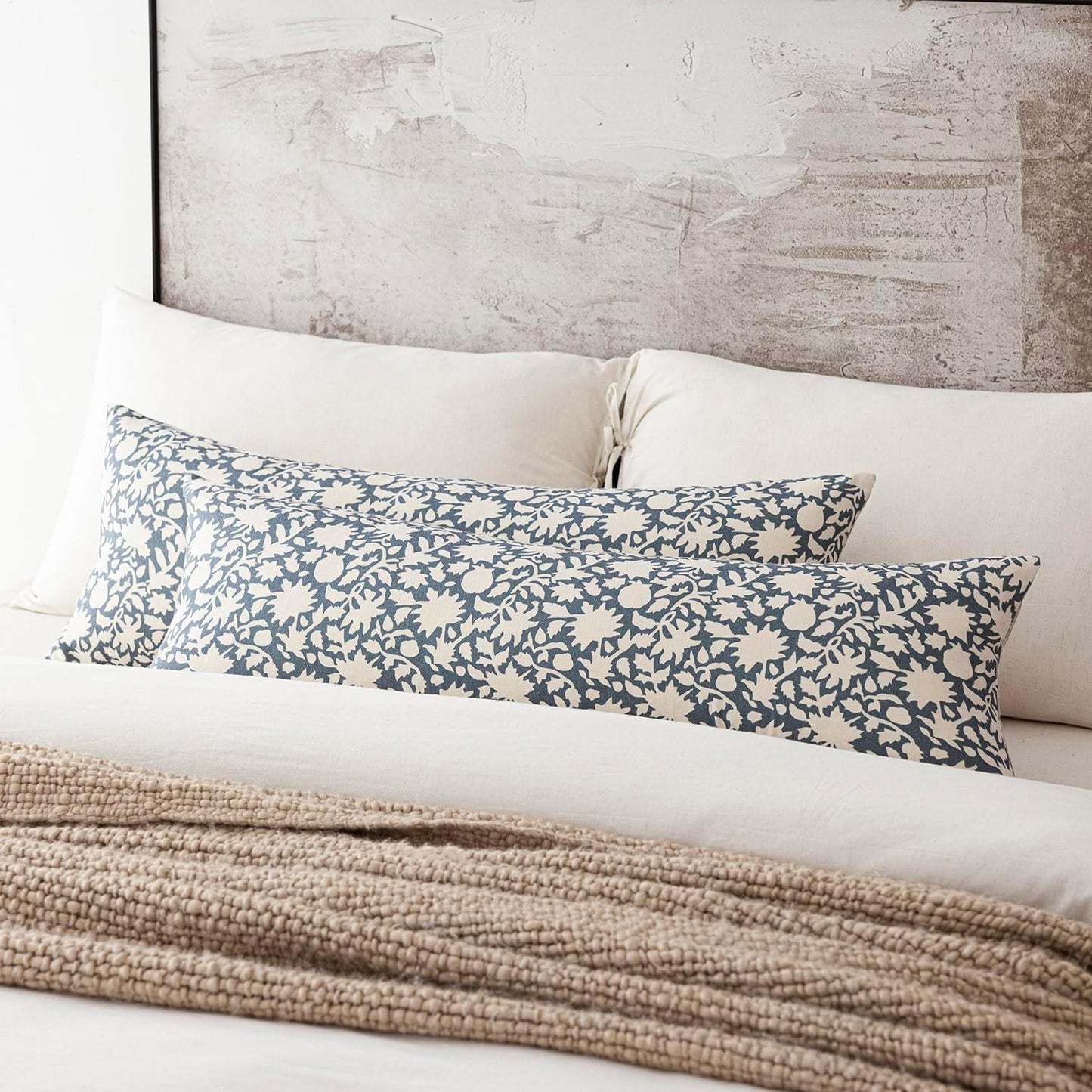 Foindtower Set of 2 Decorative Long Body Lumbar Throw Pillow Covers Accent Farmhouse Cushion Cover Neutral Floral Pillowcase For Couch Sofa Bedroom Living Room Home Decor Outdoor,14×36 Inch,Dusty Blue