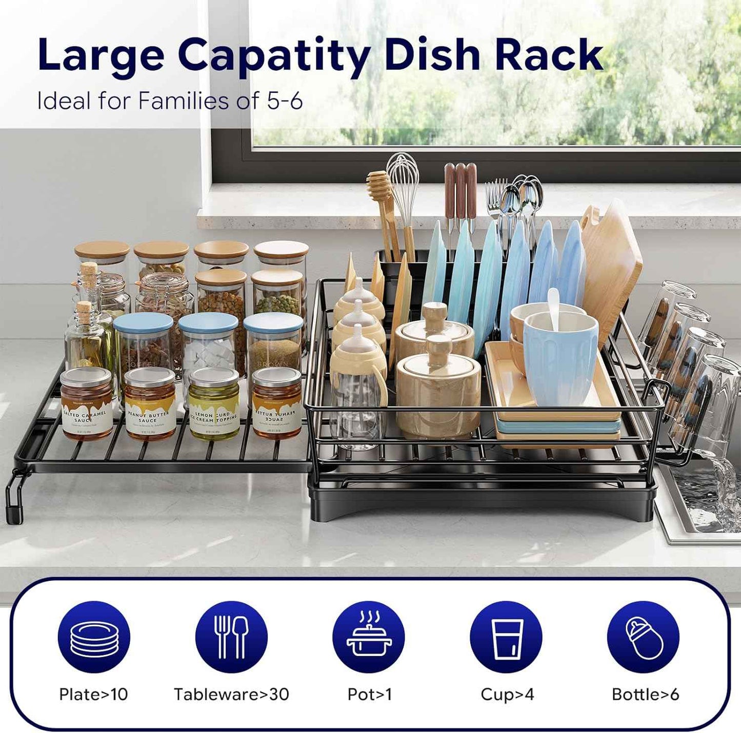 Simple Trending Dish Rack - Expandable Dish Drying Rack for Kitchen Counter, Large Capacity Dish Drainers, Stainless Steel Dish Strainer with Utensil & Cup Holders, Black