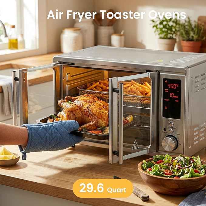 Simple Deluxe 29.6QT Dual Door Air Fryer Toaster Oven Combo with Smart Probe, 12-in-1 Smart Air Fryer Oven, 450°F, Stainless Steel