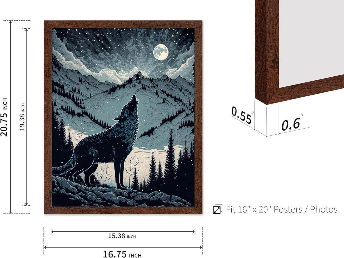 Poster Master Vintage Illustration Poster - Retro Animal Print - Gift for Artist, Friend - Wolf Howling at the Moon, Mountain, Snow, Landscape - Wall Decor for Home, Office, 16x20 Brown Framed
