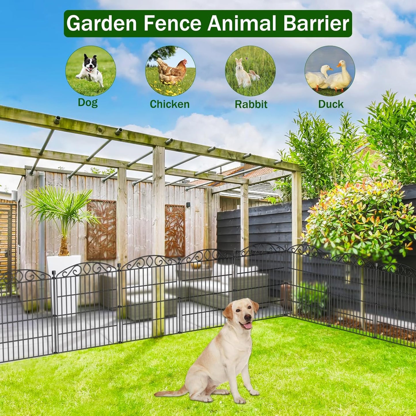 No Dig Decorative Garden Fence 6 Panel - 30in H x 11.4 ft L, Tall Animal Barrier for Dogs Rabbits, Rustproof Metal Wire Panels for Yard, Patio, and Outdoor Border Use