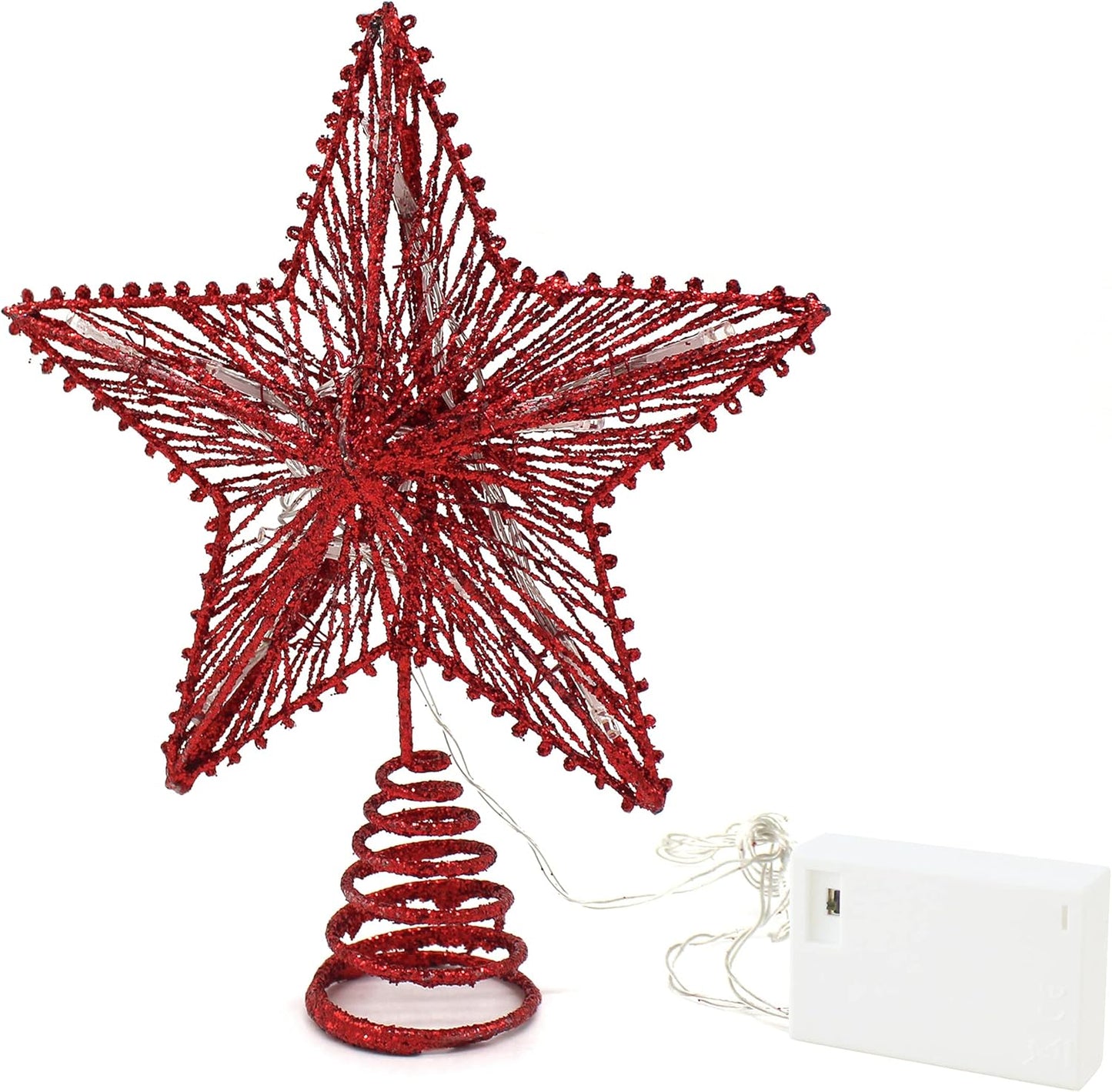 CVHOMEDECO. Red Glittered 3D Tree Top Star with Warm White LED Lights and Timer for Christmas Tree Decoration and Holiday Seasonal Décor, 8 x 10 Inch