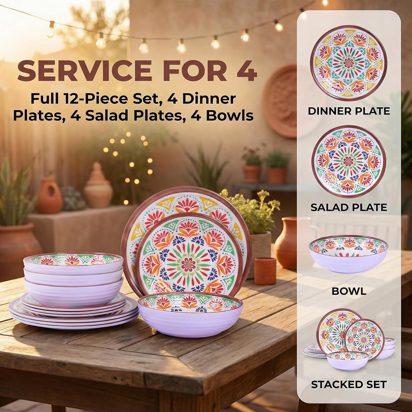 12-Piece Melamine Dinnerware Set,Service for 4, Durable Plate and Bowl, Floral Pattern Tableware for Parties & Home, Dinner Salad Dessert Plates, and Cereal Bowls Set,Housewarming Wedding Gift - Brown
