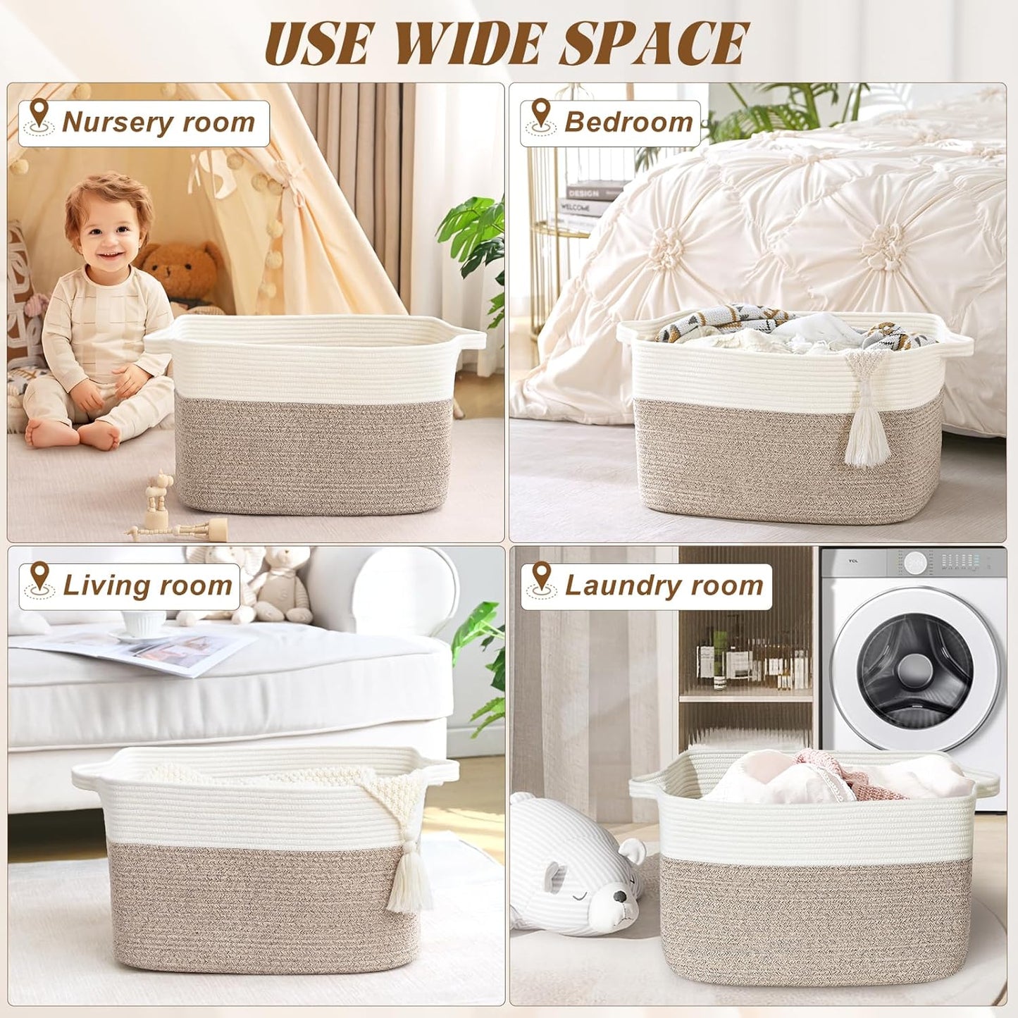 Large Blanket Basket, 60L Storage Baskets for Organizing, Woven Laundry Basket for Blankets, Cotton rope Blanket Storage for Living Room, Nursery Room, 19.7" L x 15.74" W x 11.8" H, Brown