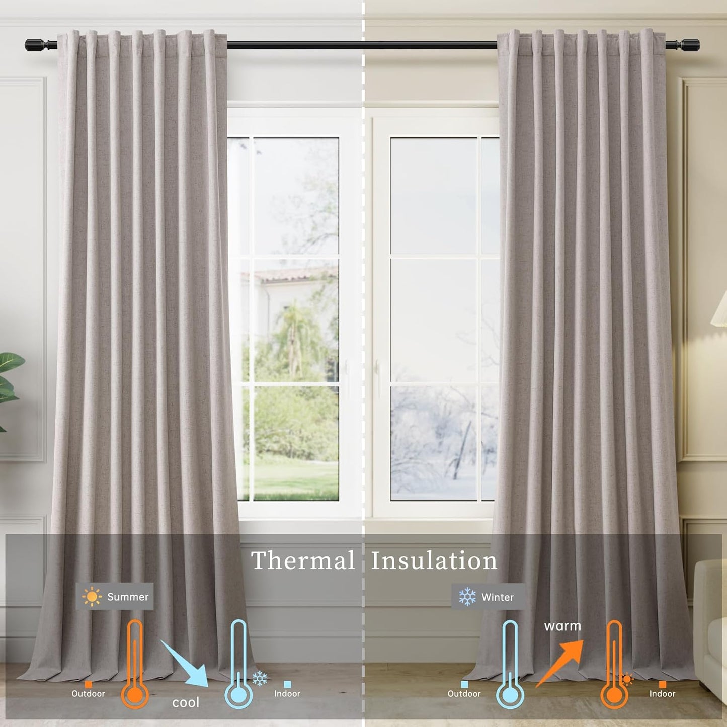 BOODII 63 Inch Blackout Curtains Linen Black Out Curtains for Bedroom 2 Panels Set Neutral Room Darkening Curtain Brownish Grey Thermal Insulated Curtain for Nursery Window Drapes Back Tab 52x63