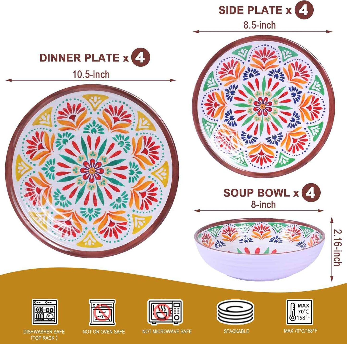12-Piece Melamine Dinnerware Set,Service for 4, Durable Plate and Bowl, Floral Pattern Tableware for Parties & Home, Dinner Salad Dessert Plates, and Cereal Bowls Set,Housewarming Wedding Gift - Brown