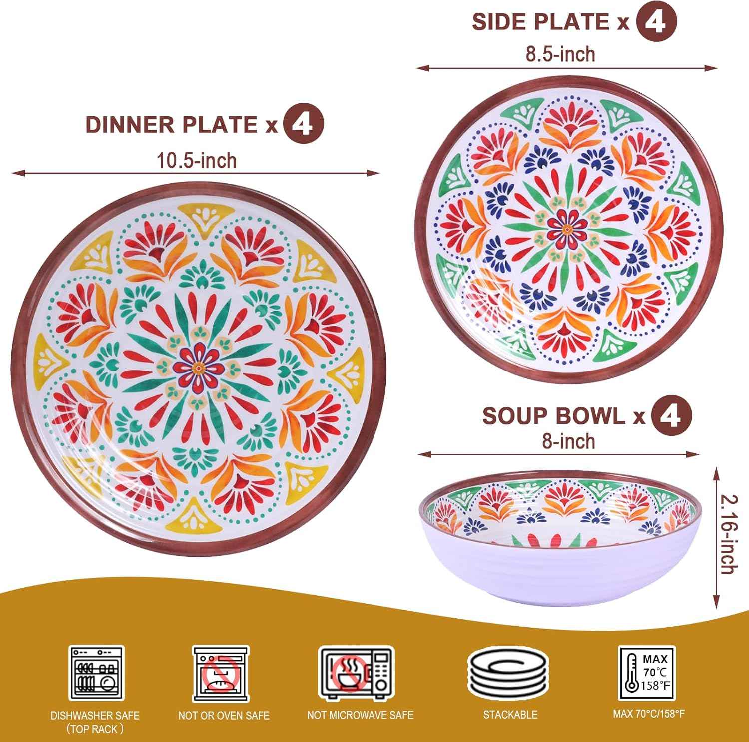 12-Piece Melamine Dinnerware Set,Service for 4, Durable Plate and Bowl, Floral Pattern Tableware for Parties & Home, Dinner Salad Dessert Plates, and Cereal Bowls Set,Housewarming Wedding Gift - Brown