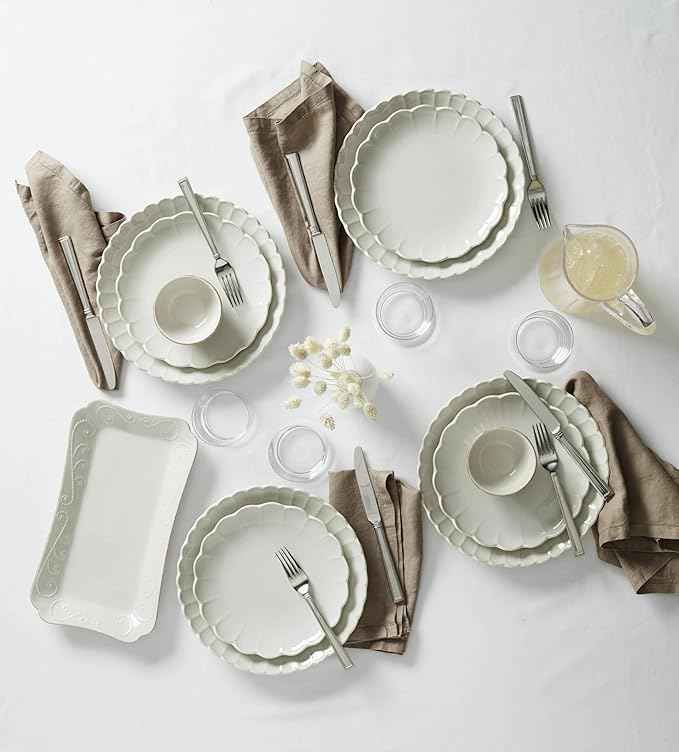Lenox Dinnerware Set, French Perle Scallop 4-Piece Place Setting, Service For 1, Dinnerware Set, Stoneware, Includes Plates, Bowl, and Mug, Dishwasher And Microwave Safe, Dish Set (White, 4 Piece)
