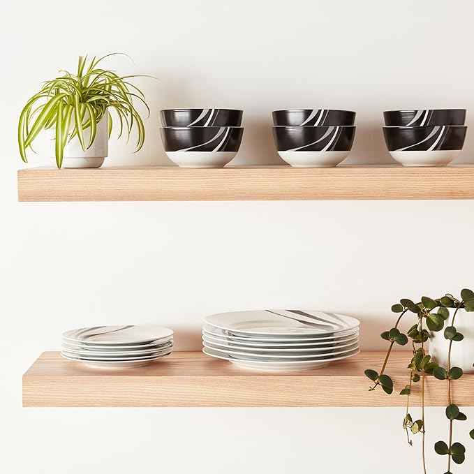 Amazon Basics 18-Piece Complete Kitchen Dinnerware Set, Microwave and Dishwasher Safe, Plates, Dishes, Bowls, Swirl, Heat Resistant, Service for 6, Everyday Use