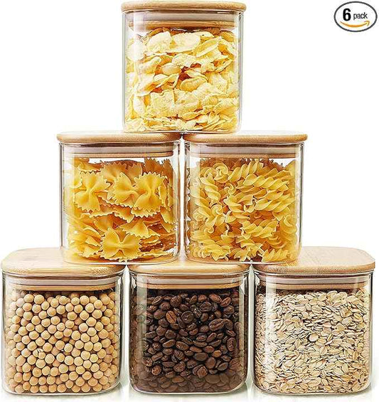 HomArtist Square Glass Jars with Bamboo Lids 27 FL OZ [Set of 6], Glass Canisters with Airtight Lids, Glass Food Storage Containers for Coffee, Sugar, Tea, Candies, Cookies,Best for Kitchen & Pantry