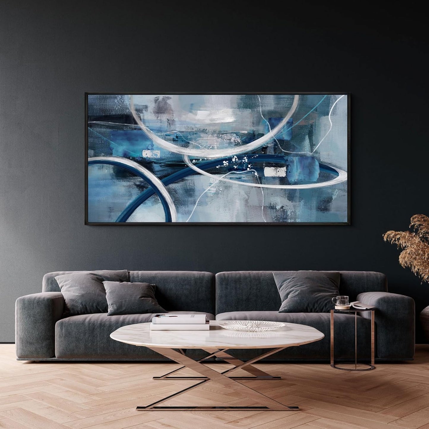 XLSJERST Abstract Canvas Wall Decor - Modern Living Room Wall Art Elegant Combination of Tones Black and White Gray Background Blue Gradient Picture Size 20x40