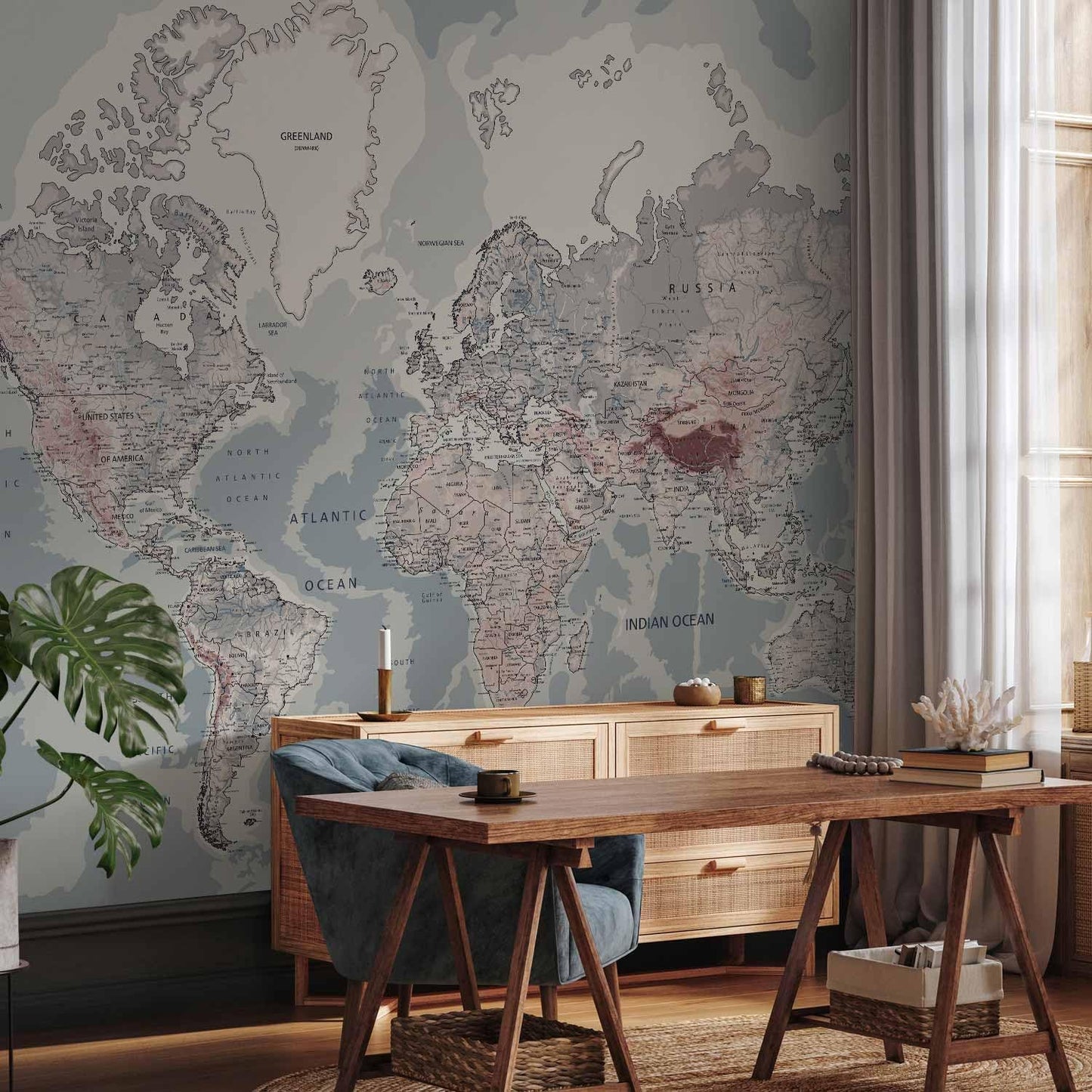 artgeist Premium Wall Mural World Map 197x138 in - Non-Woven Wallpaper Fleece Wall Decor Photo Print Picture Image Design Home Map of The World k-A-0061-a-c