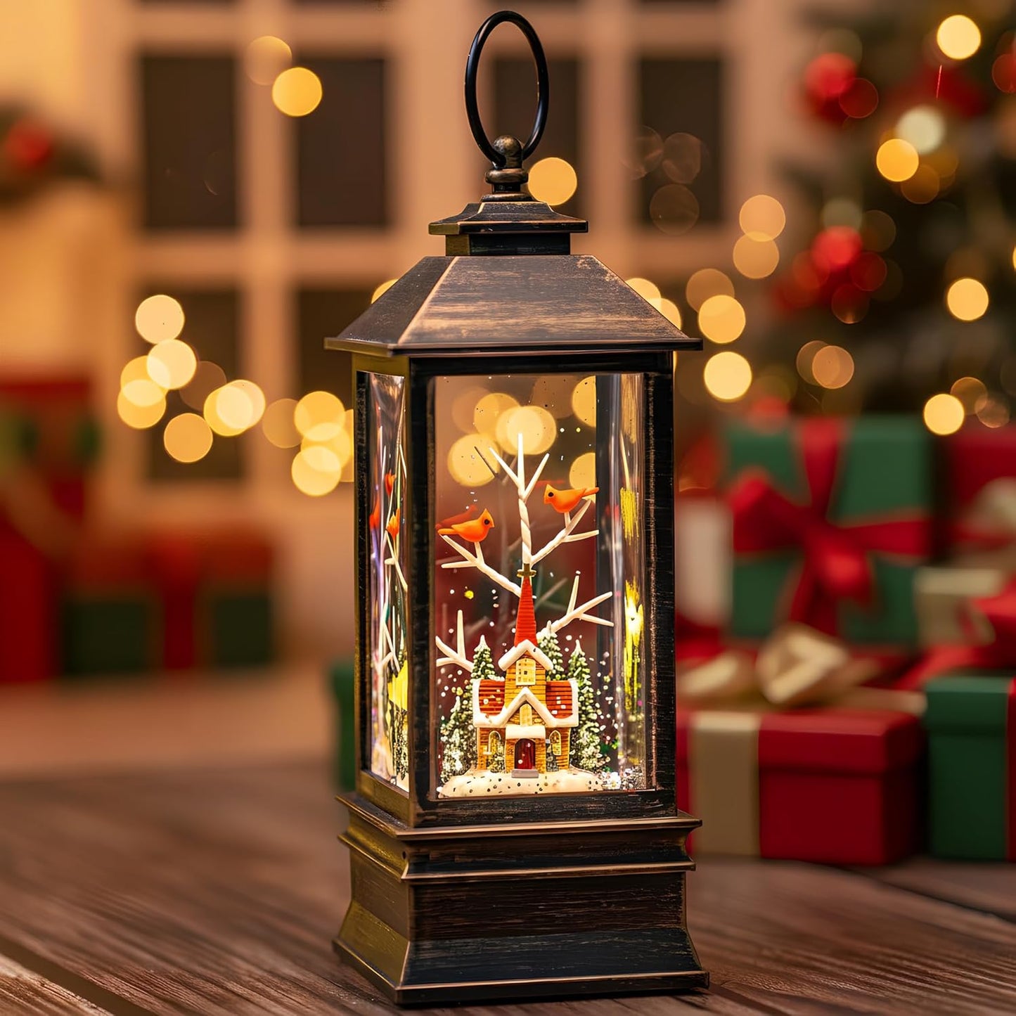 Christmas Snow Globe Lantern Water Glittering Cardinal & Church with Music & Timer, USB Lined/Battery Operated Lighted Lantern for Christmas Festival Decoration Gifts