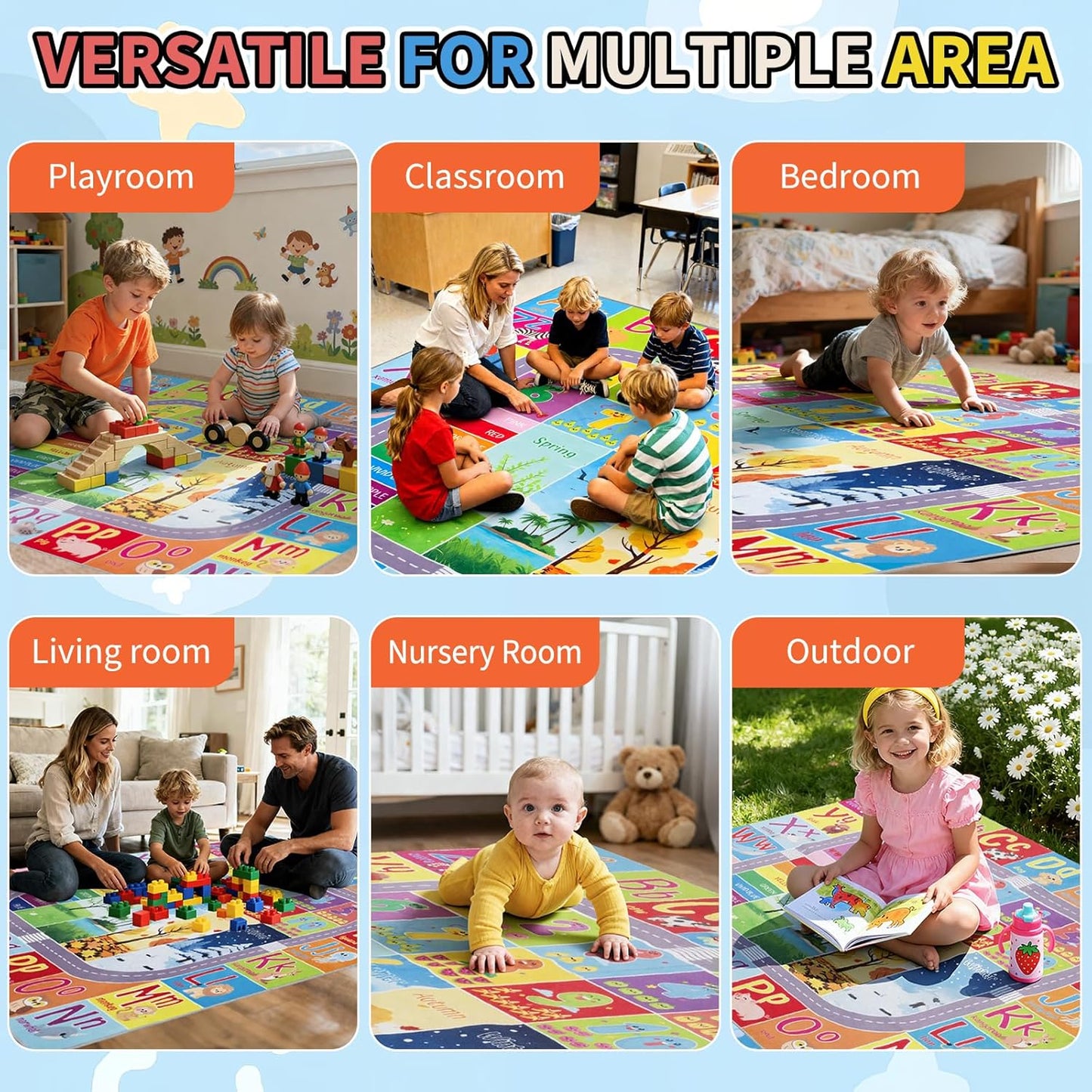 UKISS ABC Kids Rug,Toddler Educational Play Rug for Learning Alphabet, Numbers, Colors, Seasons and Animal Words,55"x55"Washable Classroom Area Rugs,Non-Slip Kids Play Mat Carpet for Playroom